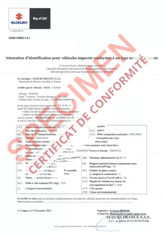 Attestation d’identification nationale Suzuki