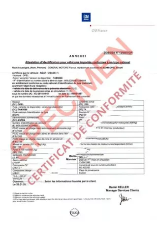 Certificat de conformité Opel Gratuit