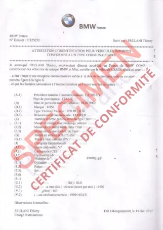 Certificat de conformité Auto