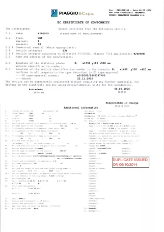 Certificat de Conformité Européen PIAGGIO
