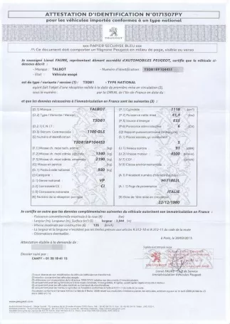 Duplicata du Certificat de conformité délivré par le constructeur